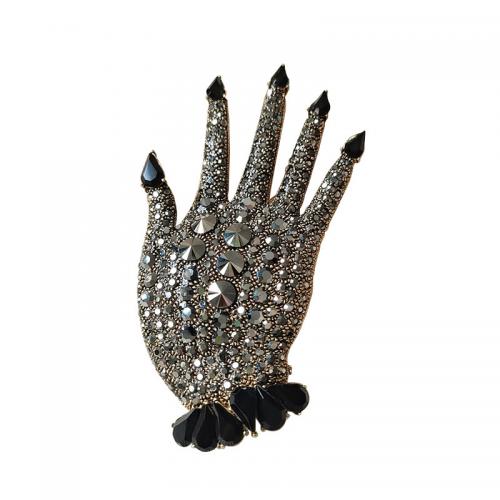 Tibetan Style Brooches, Hand, gold color plated, fashion jewelry & Unisex & with rhinestone, black, 53x94mm, Sold By PC