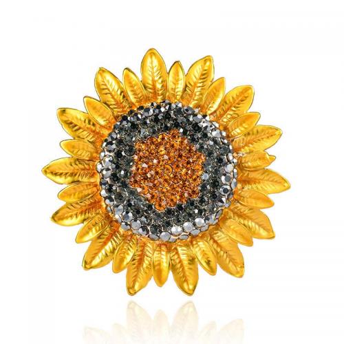 Tibetan Style Brooches, Sunflower, gold color plated, fashion jewelry & Unisex & with rhinestone, yellow, 57x57mm, Sold By PC