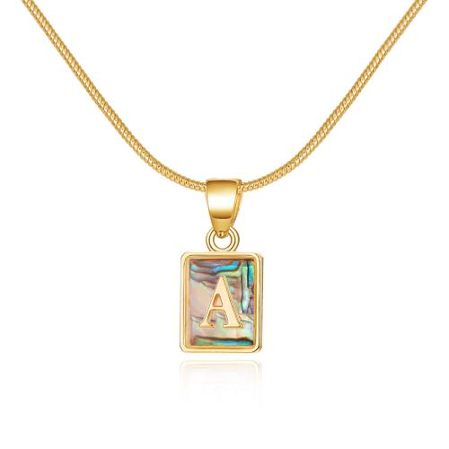 Brass Necklace, with Shell, with 5cm extender chain, Rectangle, gold color plated, fashion jewelry & letters are from A to Z & for woman & luminated, more colors for choice, nickel, lead & cadmium free, Length:46 cm, Sold By PC