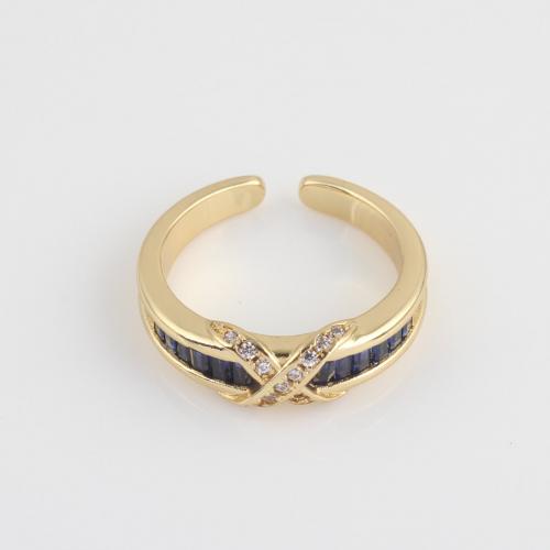 Kubisk Circonia Micro bane messing Ring, guldfarve belagt, Micro Pave cubic zirconia, blå, nikkel, bly & cadmium fri, 22.90x22.20x6.60mm, Solgt af PC