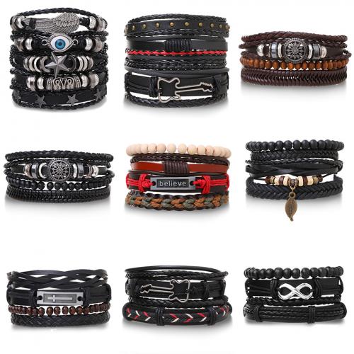 PU Leather Bracelet Set, with Tibetan Style, plated, multilayer & different styles for choice & for man, Length:Approx 8.7-12.2 Inch, Sold By Set