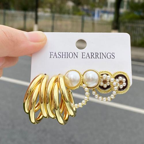 Zinc Alloy Earring Set with Plastic Pearl gold color plated three pieces & for woman & enamel earring length 10-30mm Sold By Set