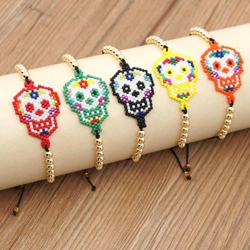 Glass Beads Bracelet, Seedbead, with Knot Cord & Brass, Skull, gold color plated, Adjustable & fashion jewelry & Unisex & different styles for choice, more colors for choice, Length:Approx 28 cm, Sold By PC