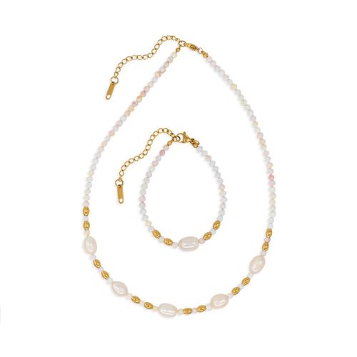 Natural Cultured Freshwater Pearl Jewelry Sets with Natural Stone & 304 Stainless Steel with 5cm extender chain Vacuum Ion Plating fashion jewelry & for woman Length Approx 16 cm Approx 40 cm Sold By PC