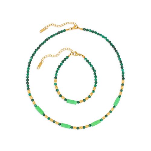 Gemstone smykker sæt, Malakit, med Resin & 304 rustfrit stål, med 5cm extender kæde, mode smykker & forskellige stilarter for valg & for kvinde, flere farver til valg, Længde Ca. 17 cm, Ca. 40 cm, Solgt af PC