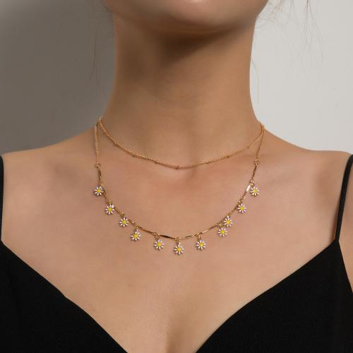 Zinc Alloy smykker halskæde, med 10cm extender kæde, Daisy, forgyldt, Dobbelt lag & mode smykker & for kvinde & emalje, flere farver til valg, nikkel, bly & cadmium fri, 10mm, Længde Ca. 32 cm, Ca. 45 cm, Solgt af PC