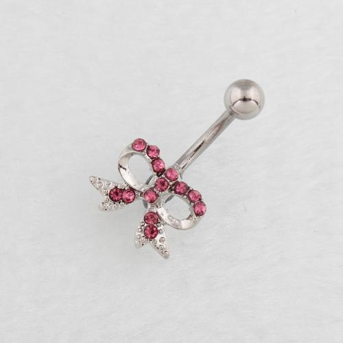 Stainless Steel Belly Ring, 316 Stainless Steel, with Tibetan Style, Bowknot, silver color plated, fashion jewelry & for woman & with rhinestone, more colors for choice, Sold By PC