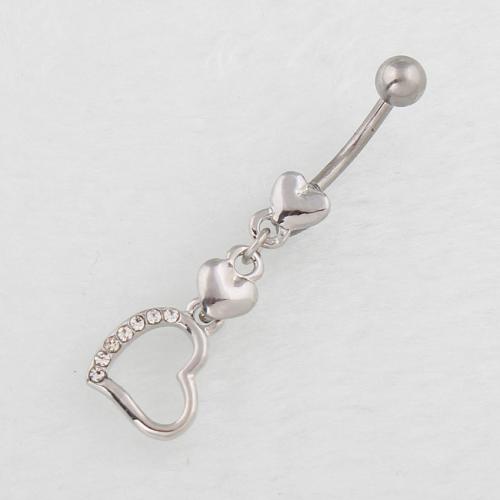 Stainless Steel Belly Ring, 316 Stainless Steel, with Tibetan Style, Heart, plated, fashion jewelry & for woman & with rhinestone & hollow, more colors for choice, Sold By PC