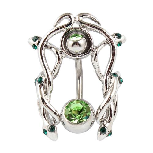 Aço inoxidável anel da barriga, Aço inoxidável 316, with liga de zinco, Cobra, cromado de cor prateada, joias de moda & para mulher & com strass, verde, vendido por PC