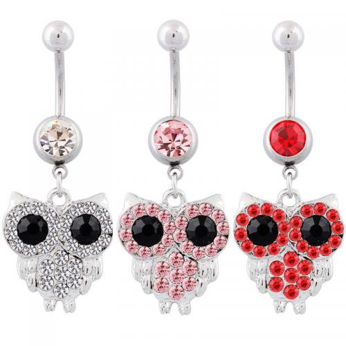 Stainless Steel Belly Ring, 316 Stainless Steel, with Tibetan Style, Owl, silver color plated, fashion jewelry & for woman & with rhinestone, more colors for choice, Sold By PC