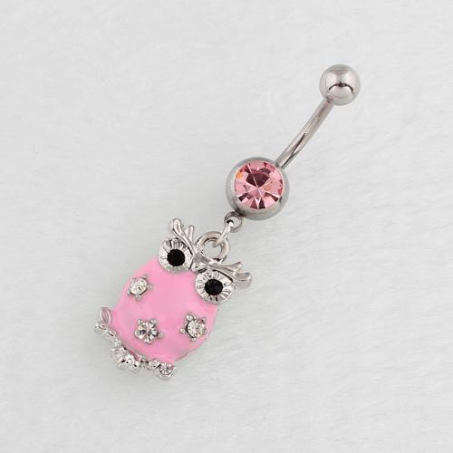 Stainless Steel Belly Ring, 316 Stainless Steel, with Tibetan Style, Owl, silver color plated, fashion jewelry & for woman & enamel & with rhinestone, more colors for choice, Sold By PC