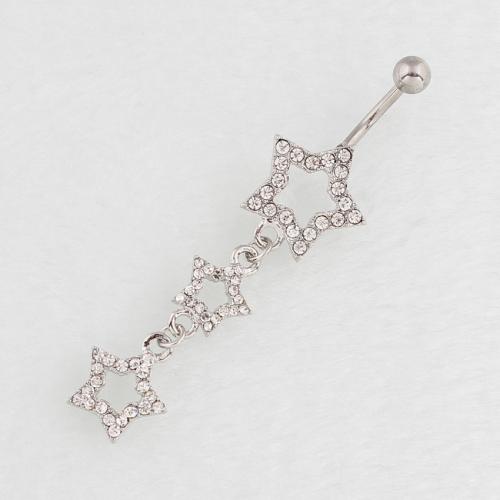 Stainless Steel Belly Ring, 316 Stainless Steel, with Tibetan Style, Star, silver color plated, fashion jewelry & for woman & with rhinestone & hollow, more colors for choice, Sold By PC