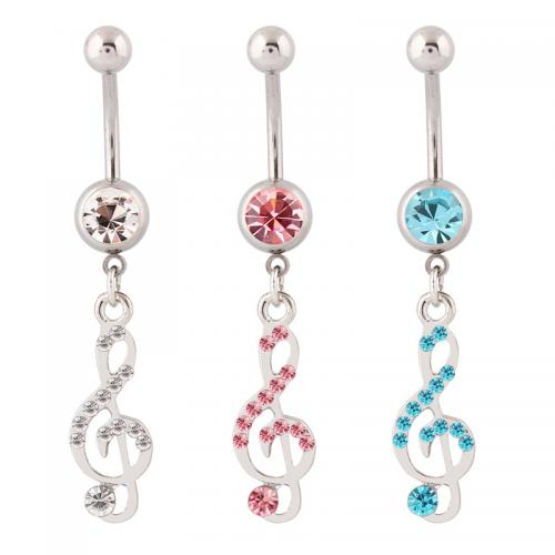 Stainless Steel Belly Ring, 316 Stainless Steel, with Tibetan Style, Music Note, silver color plated, fashion jewelry & for woman & with rhinestone & hollow, more colors for choice, Sold By PC