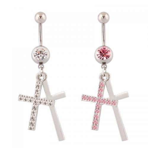 Stainless Steel Belly Ring 316 Stainless Steel with Zinc Alloy Cross silver color plated fashion jewelry & for woman & with rhinestone Sold By PC