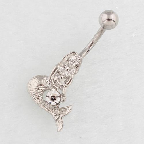 Stainless Steel Belly Ring, 316 Stainless Steel, with Tibetan Style, Mermaid, silver color plated, fashion jewelry & for woman & with rhinestone, more colors for choice, Sold By PC
