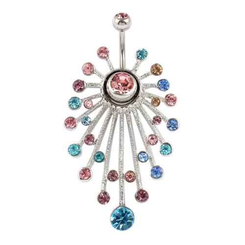 Stainless Steel Belly Ring, 316 Stainless Steel, with Tibetan Style, silver color plated, fashion jewelry & Unisex & with rhinestone, multi-colored, Sold By PC