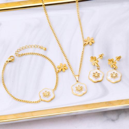 Jewelry Sets Titanium Steel with White Shell Flower Vacuum Ion Plating & for woman & with rhinestone golden Sold By PC