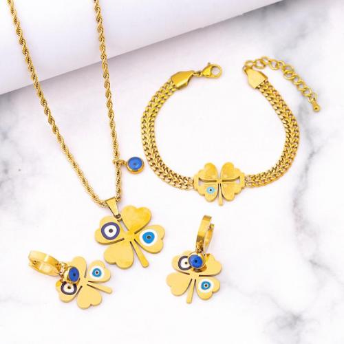 Evil Eye Jewelry Set Titanium Steel Four Leaf Clover Vacuum Ion Plating & for woman & enamel golden Sold By PC