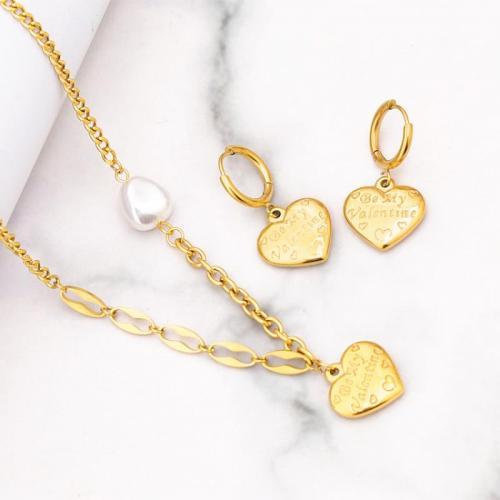 Jewelry Sets, Titanium Steel, with Plastic Pearl, Heart, Vacuum Ion Plating, fashion jewelry & different styles for choice & for woman, golden, Sold By PC