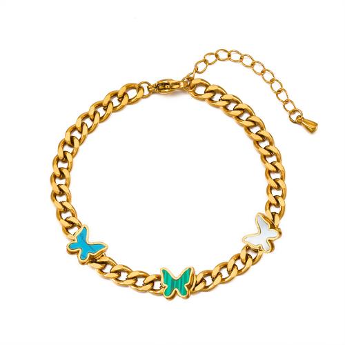 Stainless Steel Jewelry Bracelet 304 Stainless Steel with Malachite with 4.5cm extender chain Butterfly Vacuum Ion Plating fashion jewelry & for woman golden 3mm Sold Per Approx 16 cm Strand