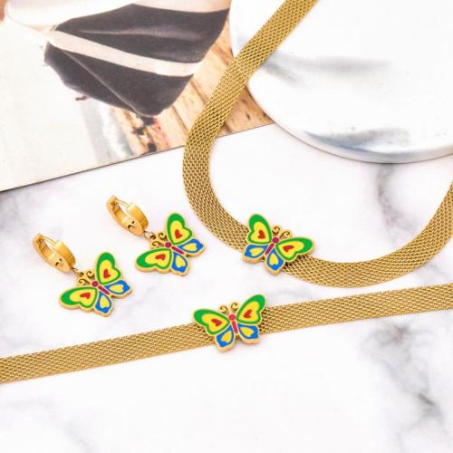 Jewelry Sets Titanium Steel Butterfly Vacuum Ion Plating & for woman & epoxy gel golden Sold By PC