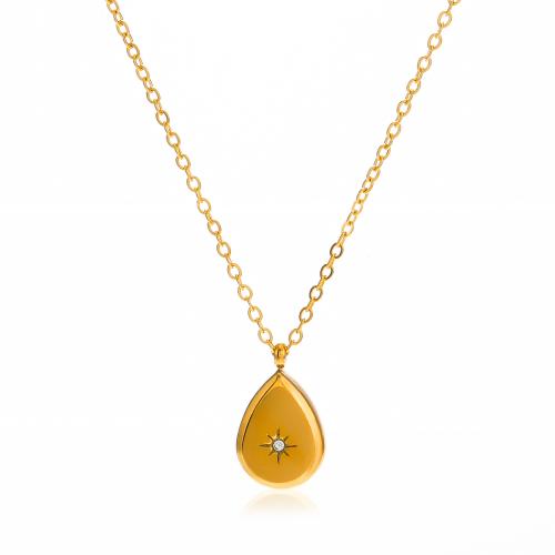 Stainless Steel Jewelry Necklace 304 Stainless Steel with 5cm extender chain Teardrop 18K gold plated fashion jewelry & for woman & with rhinestone golden 12mm Sold Per Approx 40 cm Strand