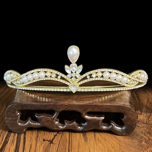 Bridal Tiaras Zinc Alloy with Plastic Pearl gold color plated fashion jewelry & for woman & with rhinestone golden nickel lead & cadmium free diameter 155mm height 45mm Sold By PC