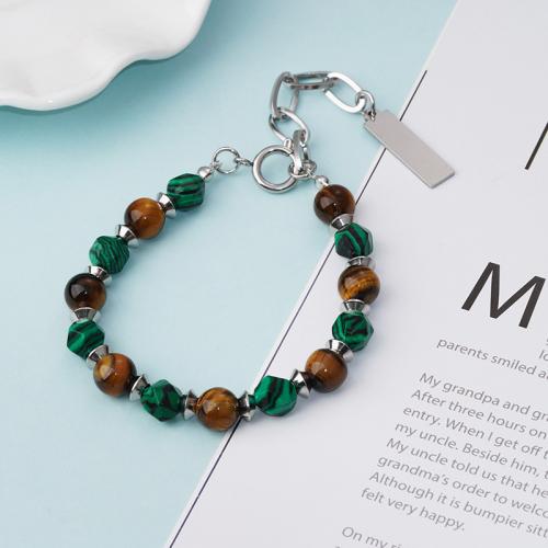 Natural Tiger Eye Bracelets, with Malachite & 304 Stainless Steel, with 5cm extender chain, fashion jewelry & Unisex, more colors for choice, Length:16.5 cm, Sold By PC