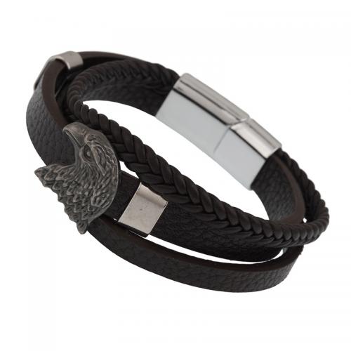 PU Leather Cord Bracelets with Zinc Alloy eagle vintage & fashion jewelry & for man black Length Approx 20.5 cm Sold By PC
