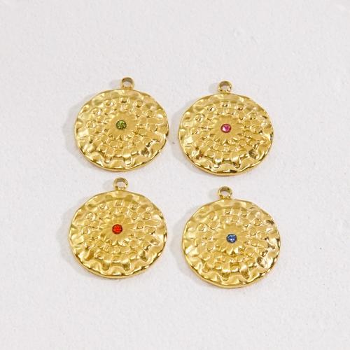 Stainless Steel Pendants, 304 Stainless Steel, Round, 14K gold plated, DIY & with rhinestone, more colors for choice, nickel, lead & cadmium free, 16x16mm, Hole:Approx 2.5mm, Approx 5PCs/Bag, Sold By Bag
