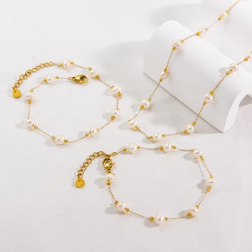 Fashion Stainless Steel Jewelry Sets 304 Stainless Steel with Pearl Oyster Vacuum Ion Plating fashion jewelry & for woman gold nickel lead & cadmium free Sold By PC
