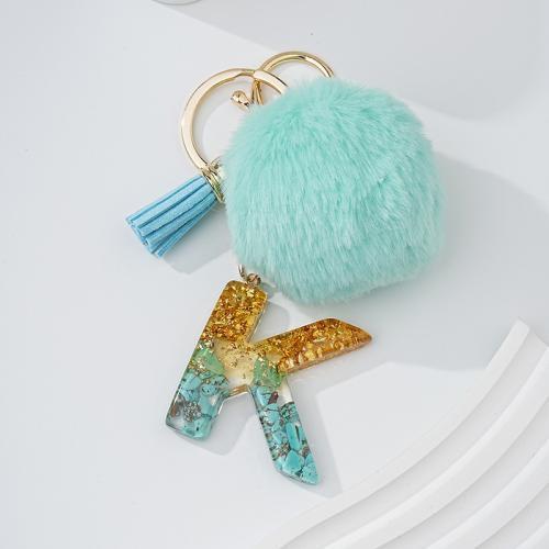 Fur Ball Pom Pom Keychain, Tibetan Style, with turquoise & Resin, Alphabet Letter, multifunctional & Unisex & different styles for choice, skyblue, nickel, lead & cadmium free, 145x70mm, Sold By PC