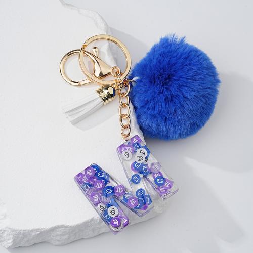 Fur Ball Pom Pom Keychain, Tibetan Style, with Resin, Alphabet Letter, multifunctional & Unisex & different styles for choice, blue, nickel, lead & cadmium free, 145x70mm, Sold By PC