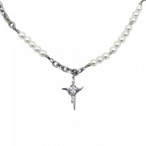 Titanstahl Halskette, mit Kunststoff Perlen & Messing, mit Verlängerungskettchen von 5CM, Kreuz, plattiert, unisex & Micro pave Zirkonia, originale Farbe, Länge ca. 47 cm, verkauft von PC