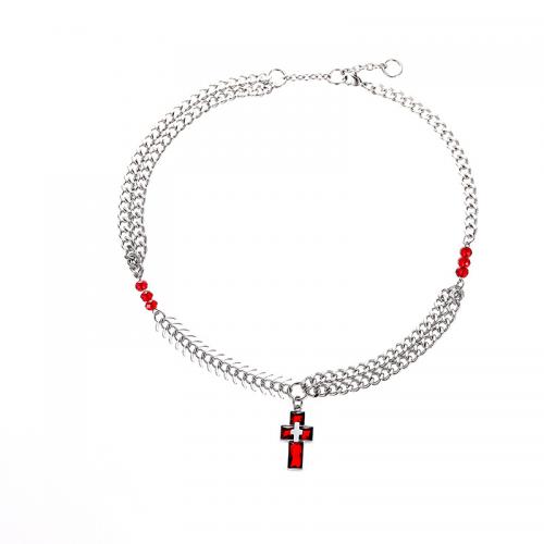 Titanstahl Halskette, mit Glas, Kreuz, poliert, Micro pave Zirkonia & für den Menschen, originale Farbe, Länge:ca. 45 cm, verkauft von PC