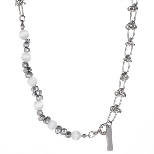 Titanstahl Halskette, mit Katzenauge & Hämatit, handgemacht, unisex, originale Farbe, Länge:ca. 53 cm, verkauft von PC