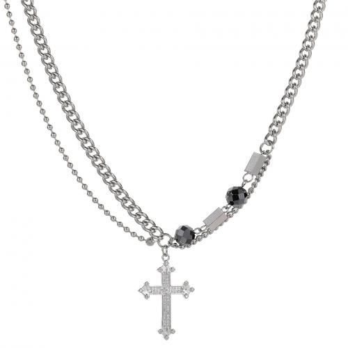Titanium Steel Necklace, with Hematite & Brass, with 5CM extender chain, Cross, plated, micro pave cubic zirconia & for man, original color, Length:Approx 50 cm, Sold By PC