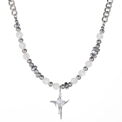 Titanstahl Halskette, mit Hämatit & Glas & Kunststoff Perlen, mit Verlängerungskettchen von 5CM, plattiert, unisex & verschiedene Stile für Wahl & Micro pave Zirkonia, originale Farbe, Länge:ca. 50 cm, verkauft von PC
