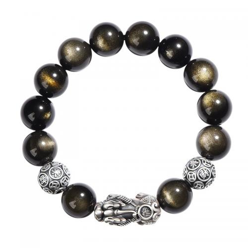Gold Obsidian Bracelet, with 925 Sterling Silver, Fabulous Wild Beast, polished, different size for choice & for man, Length:Approx 7 Inch, Sold By PC