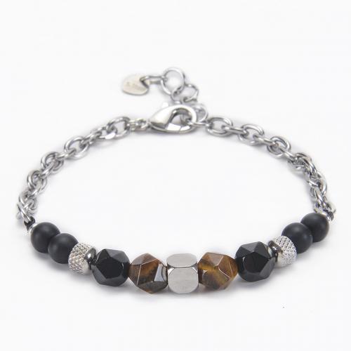 304 Stainless Steel Bracelet with Abrazine Stone & Tiger Eye Geometrical Pattern handmade Unisex & faceted Length Approx 7-8.5 Inch Sold By PC