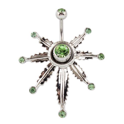 Stainless Steel Belly Ring, 316 Stainless Steel, with Tibetan Style, Maple Leaf, silver color plated, fashion jewelry & Unisex & with rhinestone, green, Sold By PC