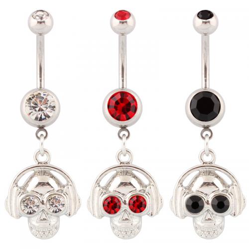 Stainless Steel Belly Ring 316 Stainless Steel with Zinc Alloy Skull silver color plated fashion jewelry & for woman & with rhinestone Sold By PC
