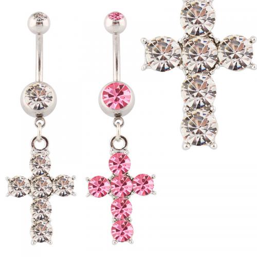 Stainless Steel Belly Ring, 316 Stainless Steel, with Tibetan Style, Cross, silver color plated, fashion jewelry & for woman & with rhinestone, more colors for choice, Sold By PC