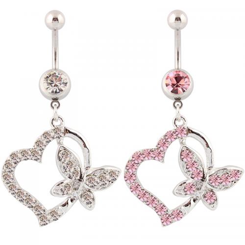 Stainless Steel Belly Ring 316 Stainless Steel with Zinc Alloy Heart silver color plated fashion jewelry & for woman & with rhinestone & hollow Sold By PC