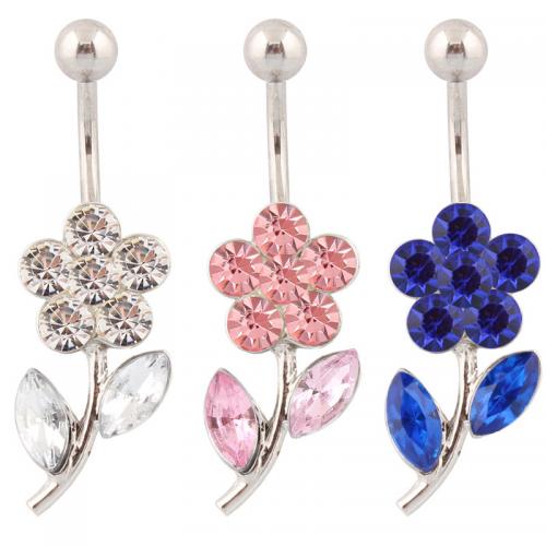 Stainless Steel Belly Ring, 316 Stainless Steel, with Tibetan Style, Flower, silver color plated, fashion jewelry & for woman & with rhinestone, more colors for choice, Sold By PC