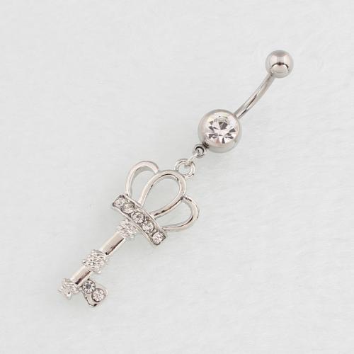 Stainless Steel Belly Ring 316 Stainless Steel with Zinc Alloy Key silver color plated fashion jewelry & for woman & with rhinestone & hollow Sold By PC