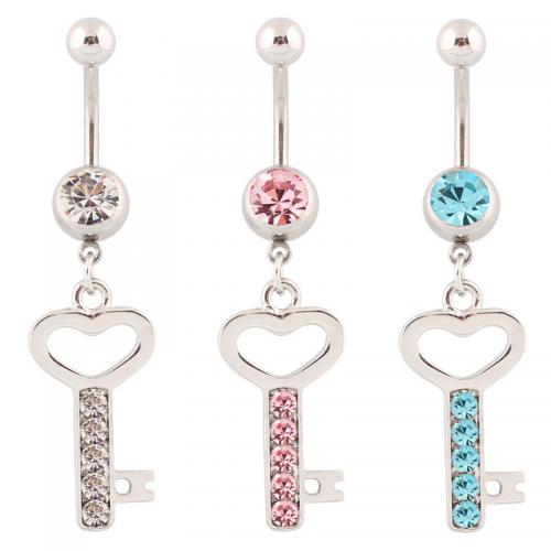 Stainless Steel Belly Ring, 316 Stainless Steel, with Tibetan Style, Key, silver color plated, fashion jewelry & for woman & with rhinestone & hollow, more colors for choice, Sold By PC