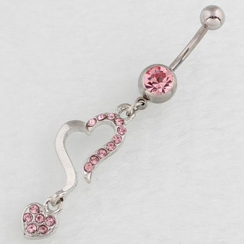 Stainless Steel Belly Ring, 316 Stainless Steel, with Tibetan Style, Heart, silver color plated, fashion jewelry & for woman & with rhinestone & hollow, more colors for choice, Sold By PC