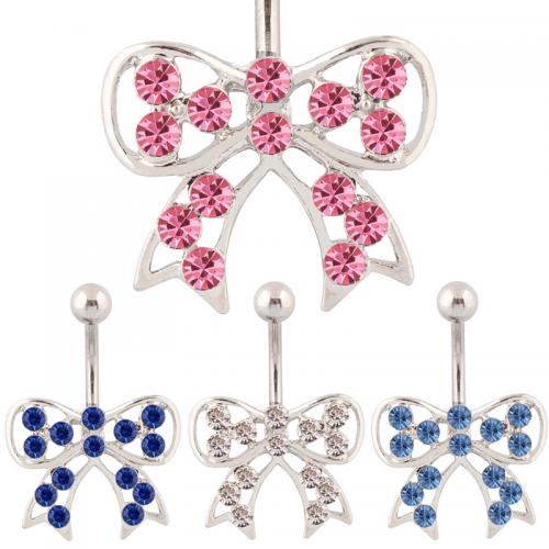 Stainless Steel Belly Ring 316 Stainless Steel with Zinc Alloy Bowknot silver color plated fashion jewelry & for woman & with rhinestone & hollow Sold By PC