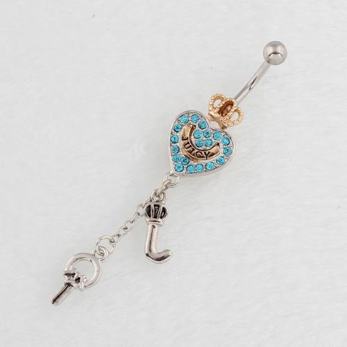 Stainless Steel Belly Ring, 316 Stainless Steel, with Tibetan Style, Heart, plated, fashion jewelry & for woman & with rhinestone, more colors for choice, Sold By PC
